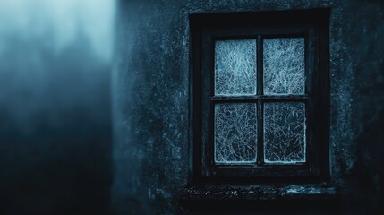 A weathered window in a misty, dark setting.