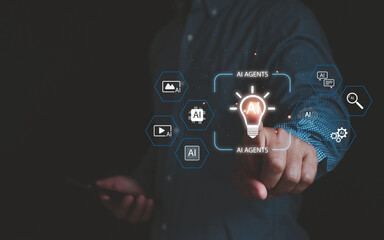 Futuristic business concept showing artificial intelligence agents, innovation and digital transformation technology with businessman hand pointing at AI icon for automation and data solutions.