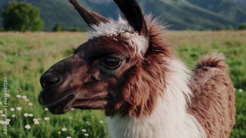 Poster close-up video of a llama in a meadow, capturing its curious expression. shot at eye level with moun