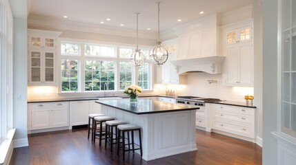 A spacious, bright white kitchen with large windows and a dark granite island.