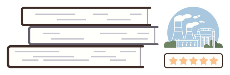 Stack of books next to an industrial plant illustration and a five-star rating symbol. Ideal for education, industry knowledge, quality, research, standards, growth, learning concepts, simple flat