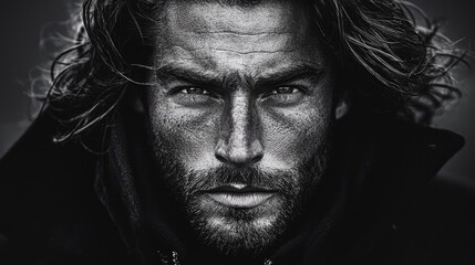 Fototapeta premium A close-up black and white portrait of a man with a determined gaze.