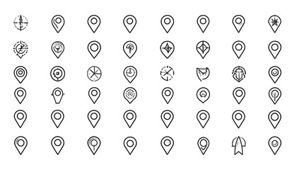 A grid of location markers with various detailed icons, showcasing different types of location data and information.
