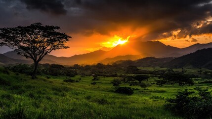 A vibrant sunset paints the mountainous landscape.