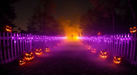 A pathway lined with carved pumpkins and a white fence A glowing scarecrow stands at the end enveloped by fog