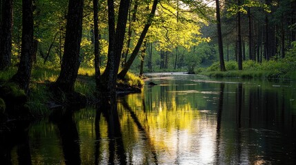Obraz premium Tranquil river winding through a lush forest at dawn.
