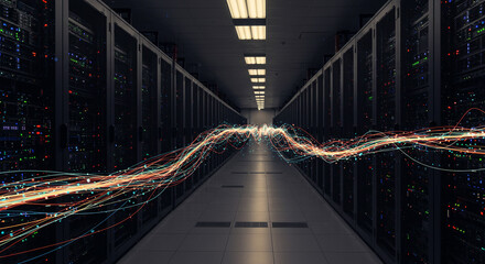A server room with rows of servers and light streaks representing data flow in the center aisle