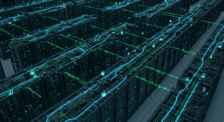 Aerial view of a server room with glowing blue and green lines and padlock icons scattered around it