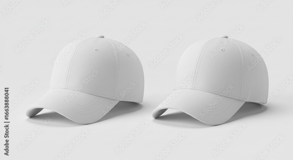 Poster two plain white baseball caps displayed on a white surface in a studio setting with soft lighting ef