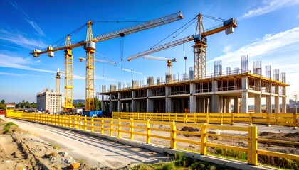 Wide-angle view of a construction site with yellow safety barriers