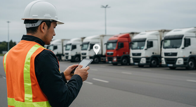 Man in safety vest using tablet with trucks in background and location pin on screen at a truck stop