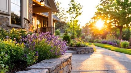 A sun-drenched landscaping design in front of a home.