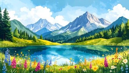 A vibrant landscape showcases a serene lake nestled amidst rolling hills, lush greenery, and majestic snow-capped mountains under a brilliant sky.