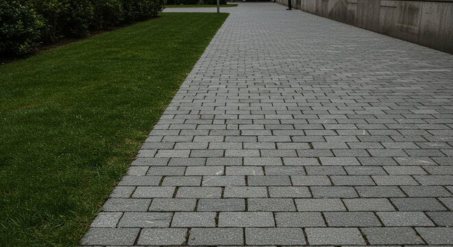 A paved walkway with gray bricks next to a green lawn and some bushes on a sunny day outside area