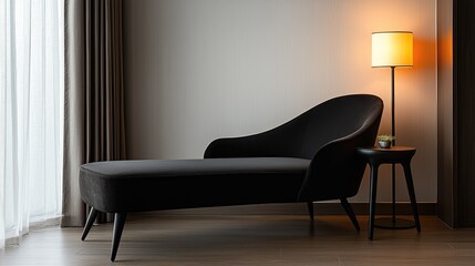 A modern, minimalist lounge area with a black chaise lounge and side table.