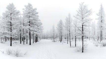 A snowy winter wonderland of frosted trees.