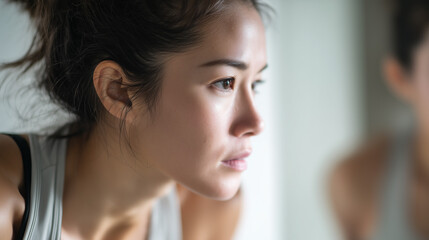 Focused young asian female athlete in sportswear training indoors concept of fitness, self-discipline, motivational brands