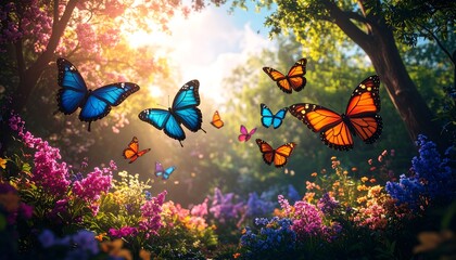 Vibrant butterflies flit amongst a profusion of colorful flowers in a sunlit garden, creating a joyful and serene scene.