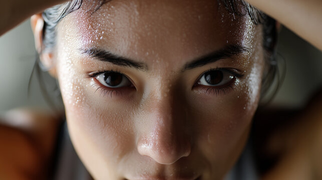 Intense close-up of young asian female athlete with focused gaze, concept of fitness, determination for gyms, athletic wear brands, health magazines