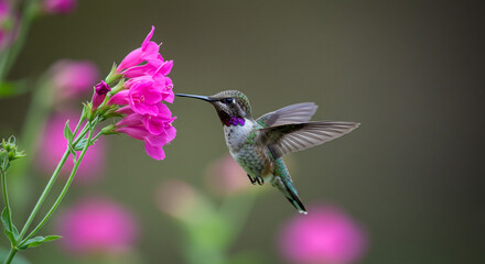 Naklejka premium A hummingbird feeding on bright pink flowers with wings spread and blurred background in soft focus