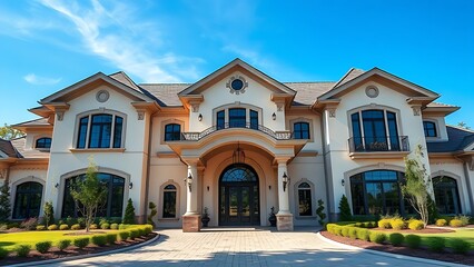 Fototapeta premium Elegant residence entrance with architectural details under a clear blue sky, exuding luxury.