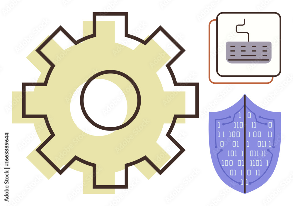 Poster large cogwheel, a keyboard, and a shield with binary code evoke themes of cybersecurity, innovation,