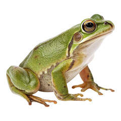 Obraz premium A green frog with big eyes sitting on a black background in a studio setting looking to the right created with generative ai