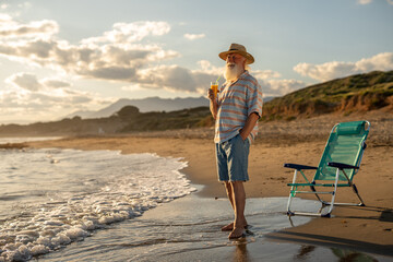 Happy senior man with long white beard and straw hat enjoying a refreshing orange juice on a...