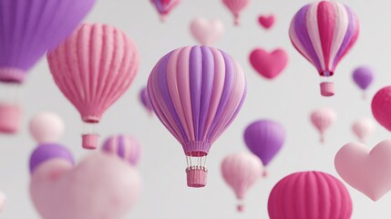 Hot air balloons & hearts, pink & purple, floating on white background