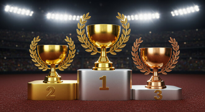 Three golden trophies with laurel wreaths on a podium under bright stadium lights in the background