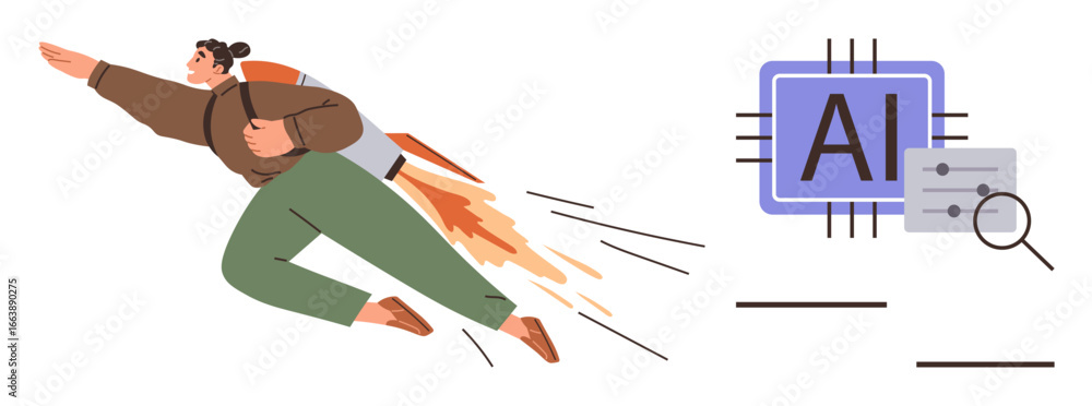Poster person with a rocket backpack propelling forward toward an ai chip with circuit patterns and a magni