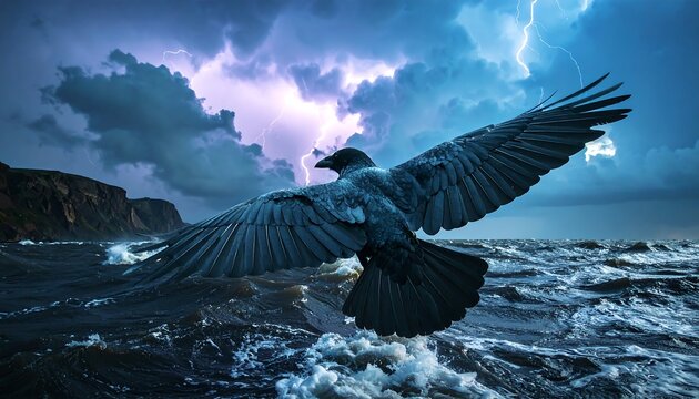 A majestic crow soars above turbulent waves during a dramatic thunderstorm.