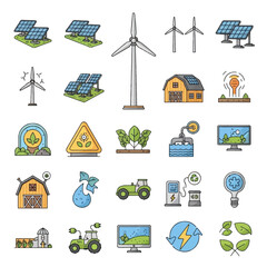 Renewable energy sources and sustainable farming icons illustrate eco-friendly technology and agriculture.