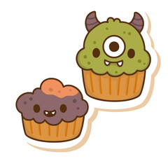 A kawaii monster cupcakes icon, featuring cute and spooky cupcake characters with monster features.
