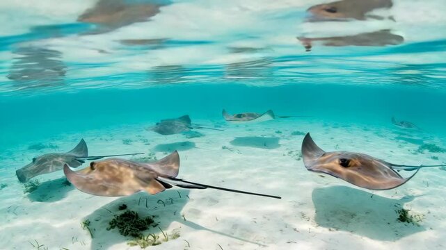 Stingrays Gracefully Gliding Above Sunlit Turquoise Lagoon