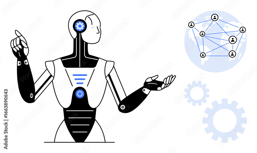 Aufkleber humanoid robot gestures towards a world map network, gears, and interconnected data points. ideal fo