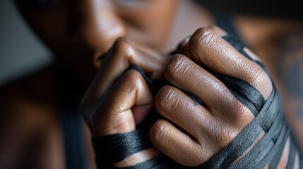 Focused african female boxer with hands wrapped in black, close-up shot showing determination, concept of sportswear, fitness centers, personal training