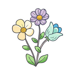 A charming cartoon drawing of three flowers in varying colors on a stem