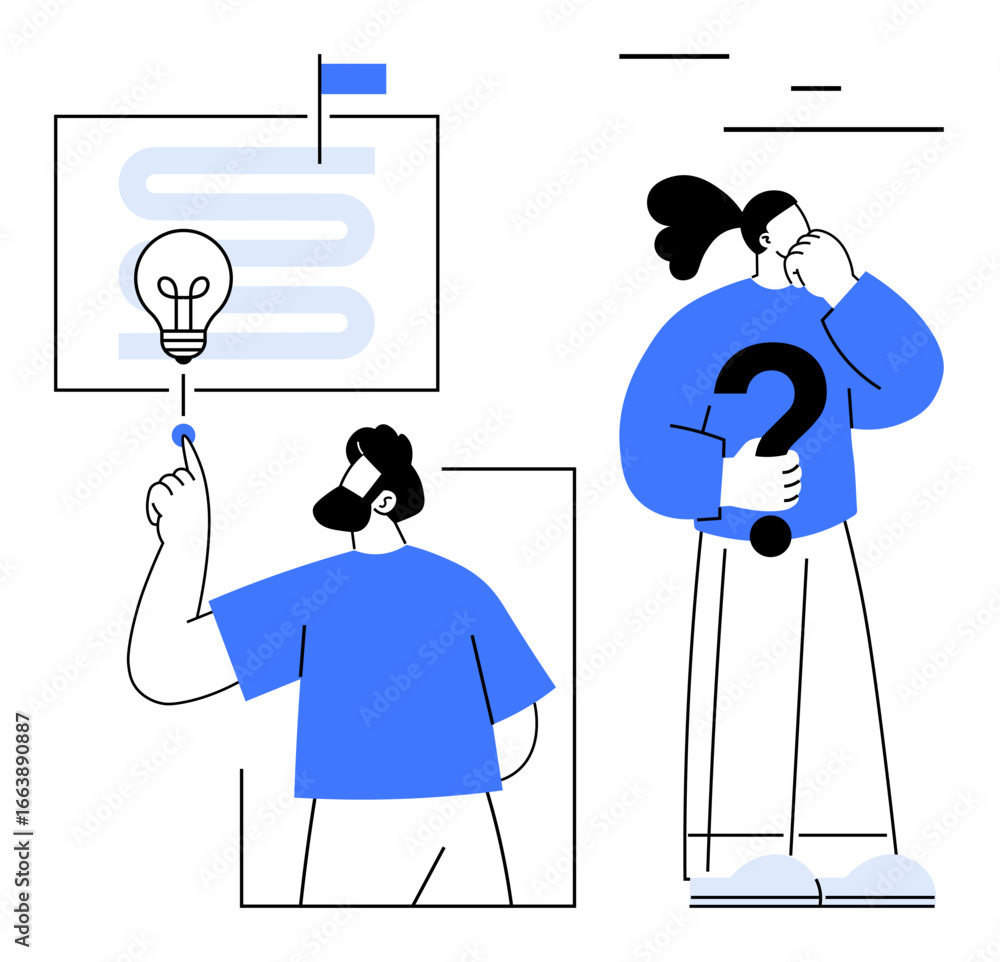 Poster man pointing at a glowing lightbulb while another person contemplates a question mark. ideal for inn