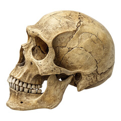 A detailed side view of a human skull with visible cracks and teeth against a black background image created with generative ai