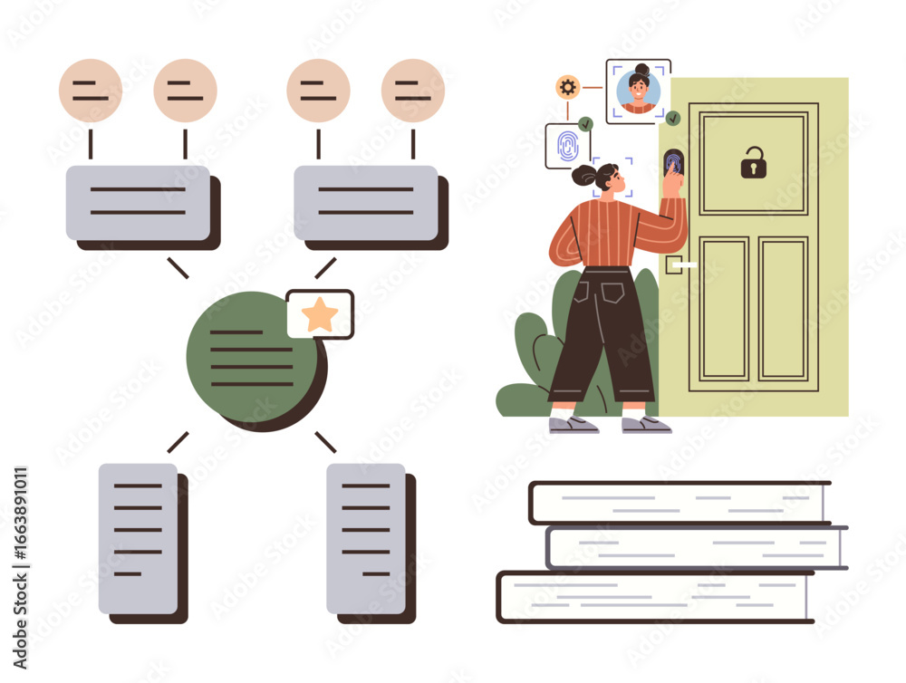 Aufkleber woman accessing a secure door using video intercom next to a data flow diagram. diagram highlights o