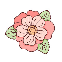 Whimsical cartoon flower with pink petals and green leaves illustration art