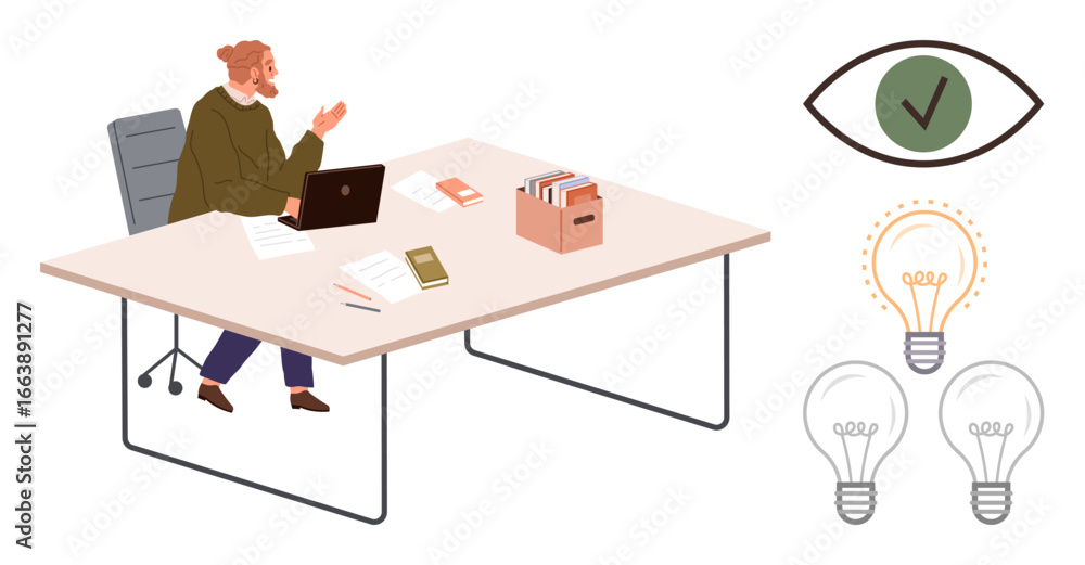Poster man working on laptop while brainstorming ideas with documents and files on the desk. visible eye ic