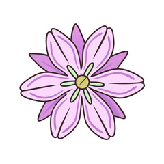 Cute, cartoon illustration of a pastel purple flower on a white background