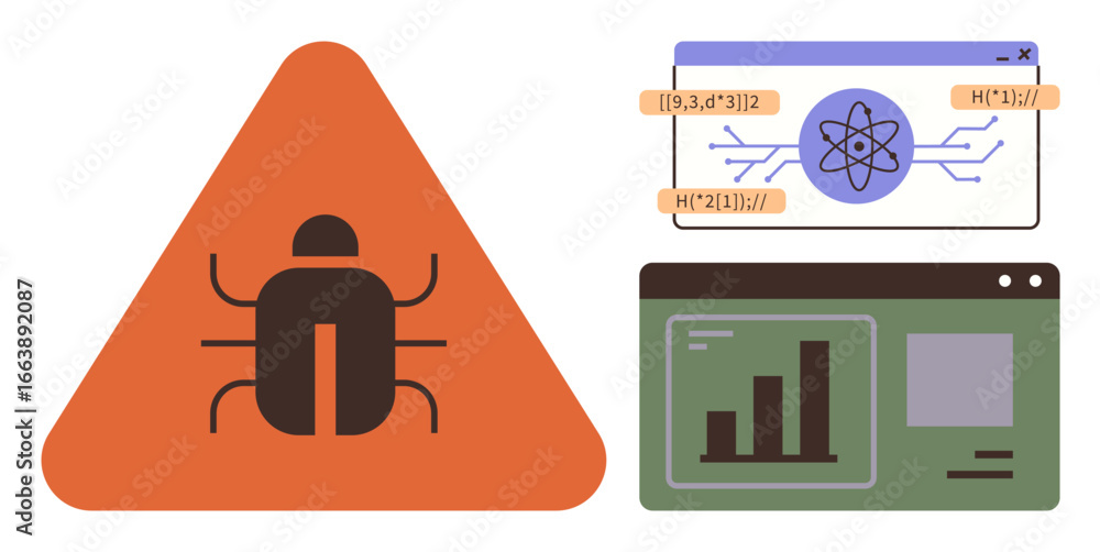 Poster red bug warning in triangular sign, coding interface, and analytics dashboard. ideal for software de