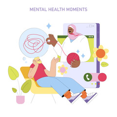 Virtual Therapy Session Illustration with Calming Elements