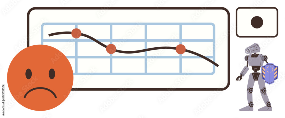 Aufkleber sad face beside a descending line graph with plotted points, accompanied by a robot holding a data f