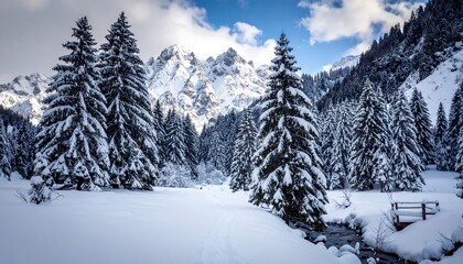 Fototapeta premium A picturesque winter landscape showcases snow-covered evergreen trees lining a tranquil stream, with majestic snow-capped mountains rising in the background.