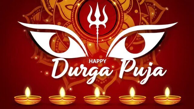 Vibrant vector illustration for the auspicious Shardiya Navratri festival featuring the divine eyes of Maa Durga, a trishula, and a row of glowing diyas to celebrate Durga Puja