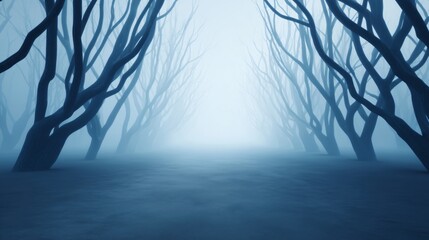Obraz premium spooky forest path with twisted trees and ghostly silhouettes, volumetric fog, 8k photoreal render